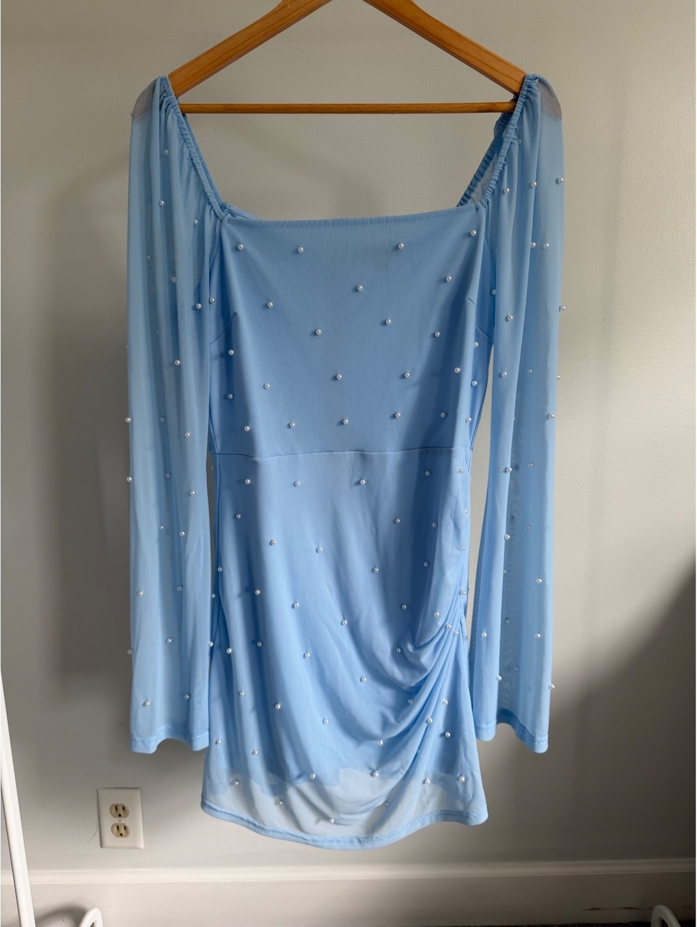 Lulus Flirty Luxury Light Blue Pearl Mesh Long Sleeve Mini Dress Size L